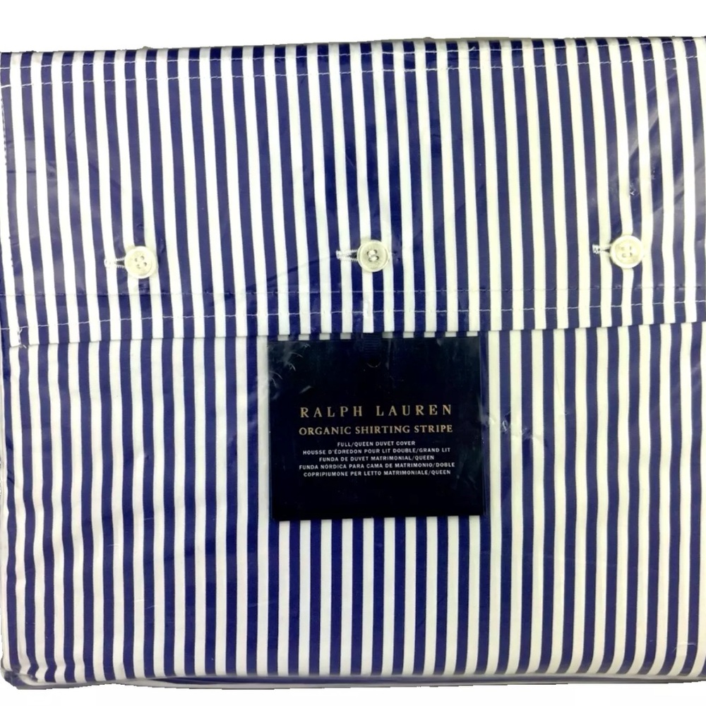 Ralph Lauren QUEEN Organic Shirting Stripe Duvet Cover White Navy